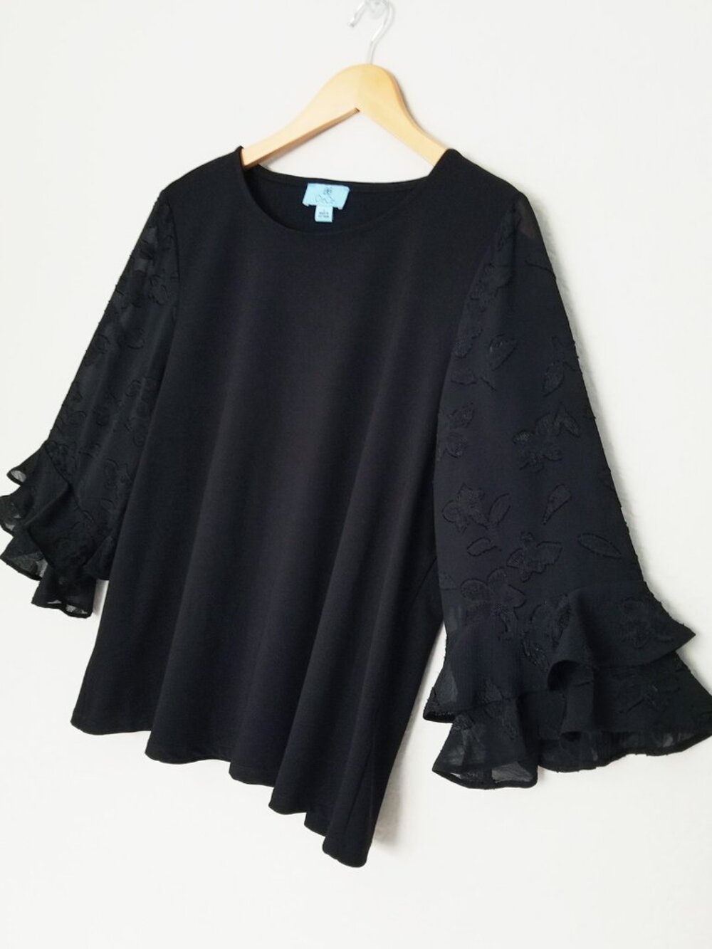 CeCe Black Floral Jacquard Chiffon Tiered Ruffle Sleeve Mix Media Blouse Top L - Picture 9 of 15